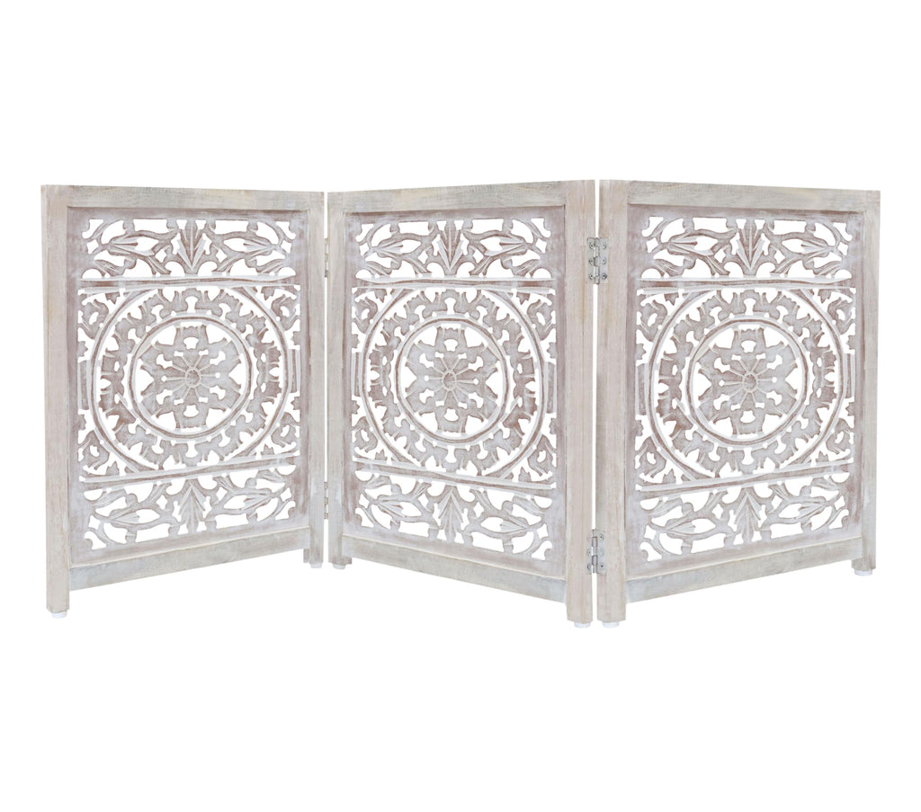 Suzani Carved White Wash Dog Safety Gate - 3-Panel Wooden Pet Barrier