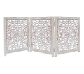 Suzani Carved White Wash Dog Safety Gate - 3-Panel Wooden Pet Barrier