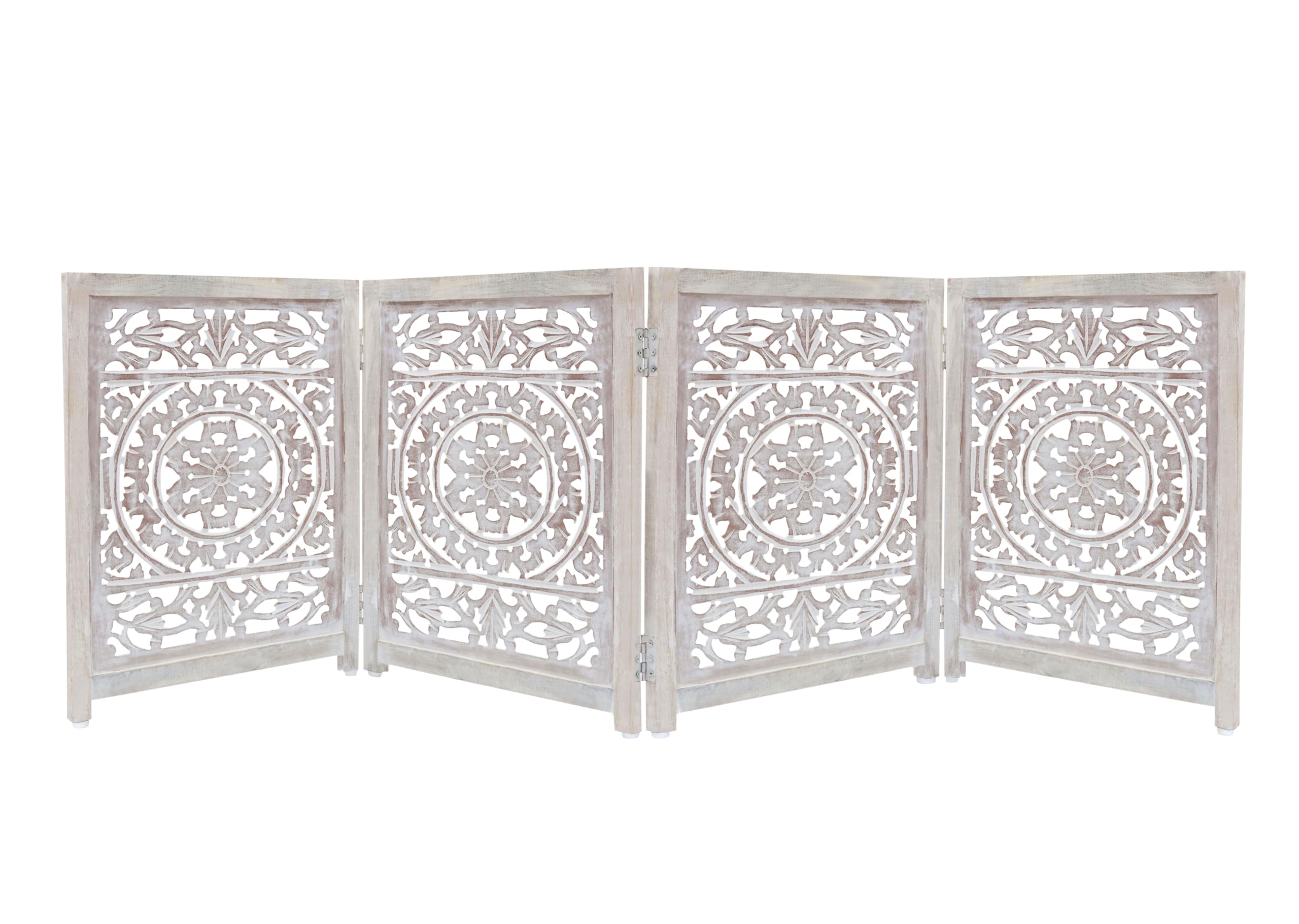 Suzani Carved White Wash Dog Safety Gate - 3-Panel Wooden Pet Barrier