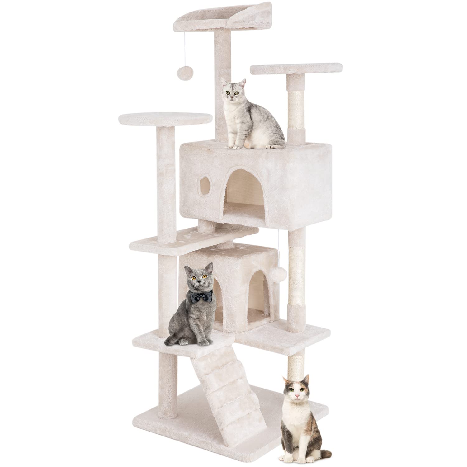 54" Multi-Level Cat Tree Tower with Scratching Post, Condo & Toy Balls – Indoor Cats (Beige)