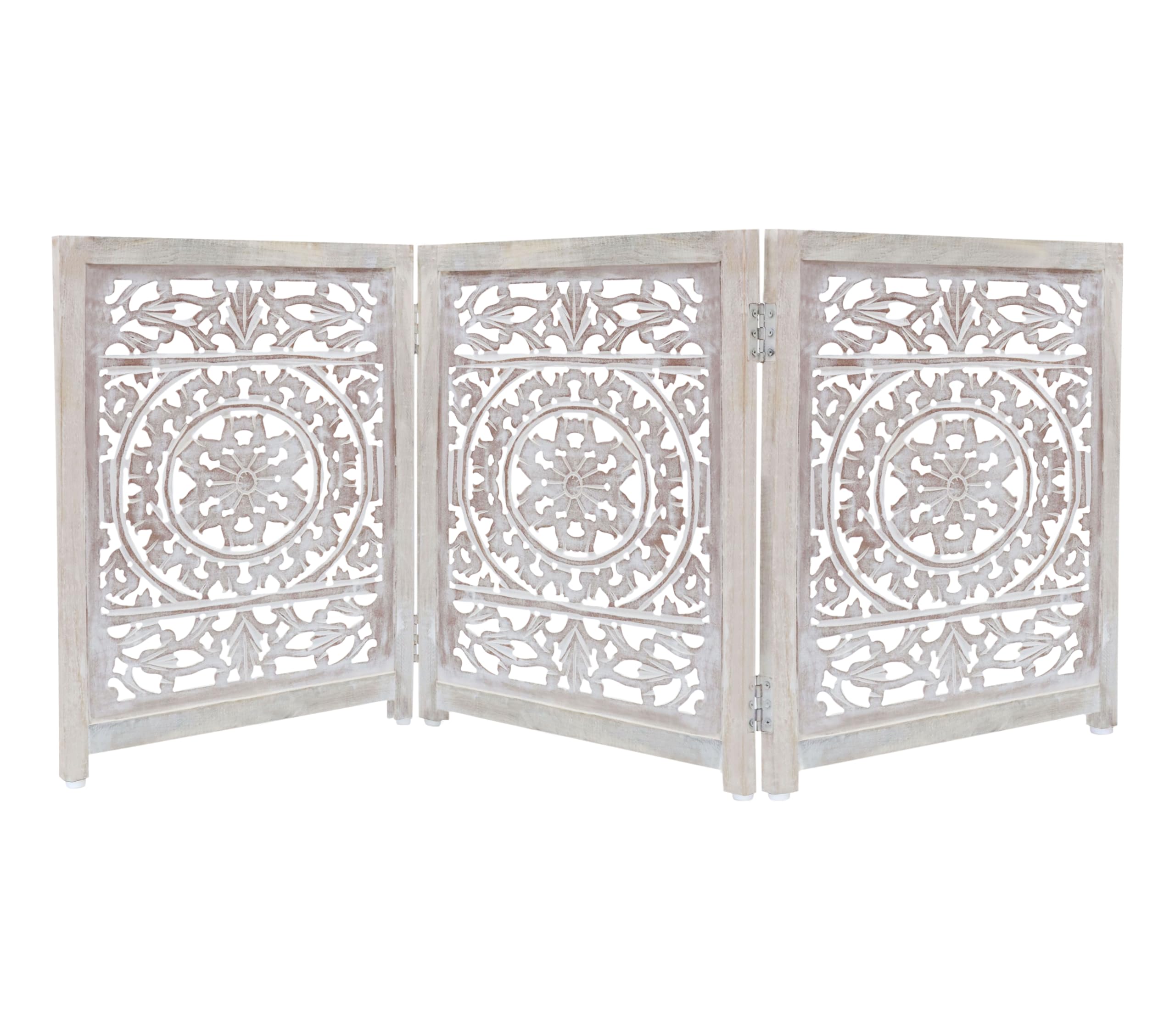 Suzani Carved White Wash Dog Safety Gate - 3-Panel Wooden Pet Barrier